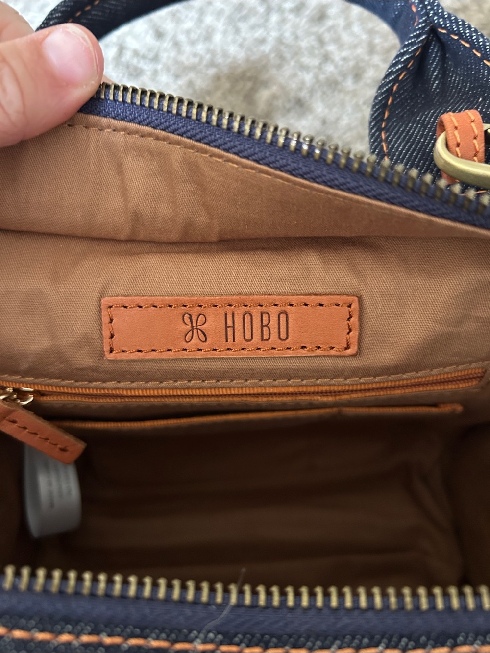 HOBO Denim Top-Handle Bag with Patterned Navy & Rust Strap - Picture 3 of 6